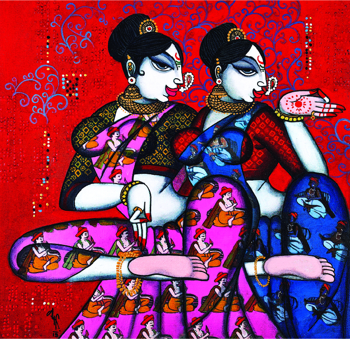 Traditional Indian art depicting women with lotuses